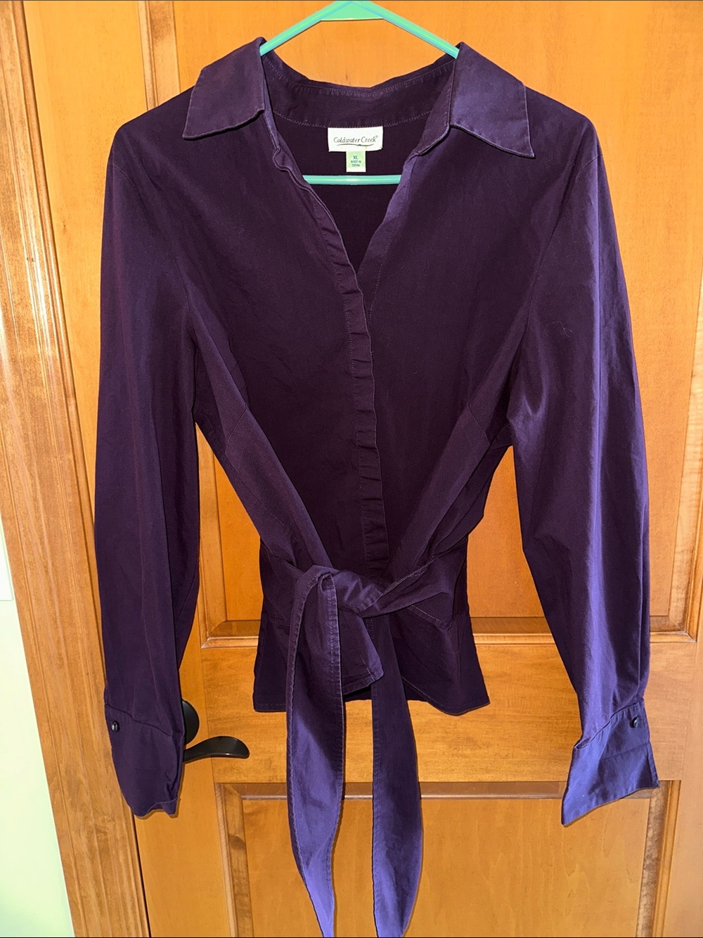 Coldwater Creek Deep Purple Hidden Button Tie-Waist Long Sleeve Blouse XL 💜